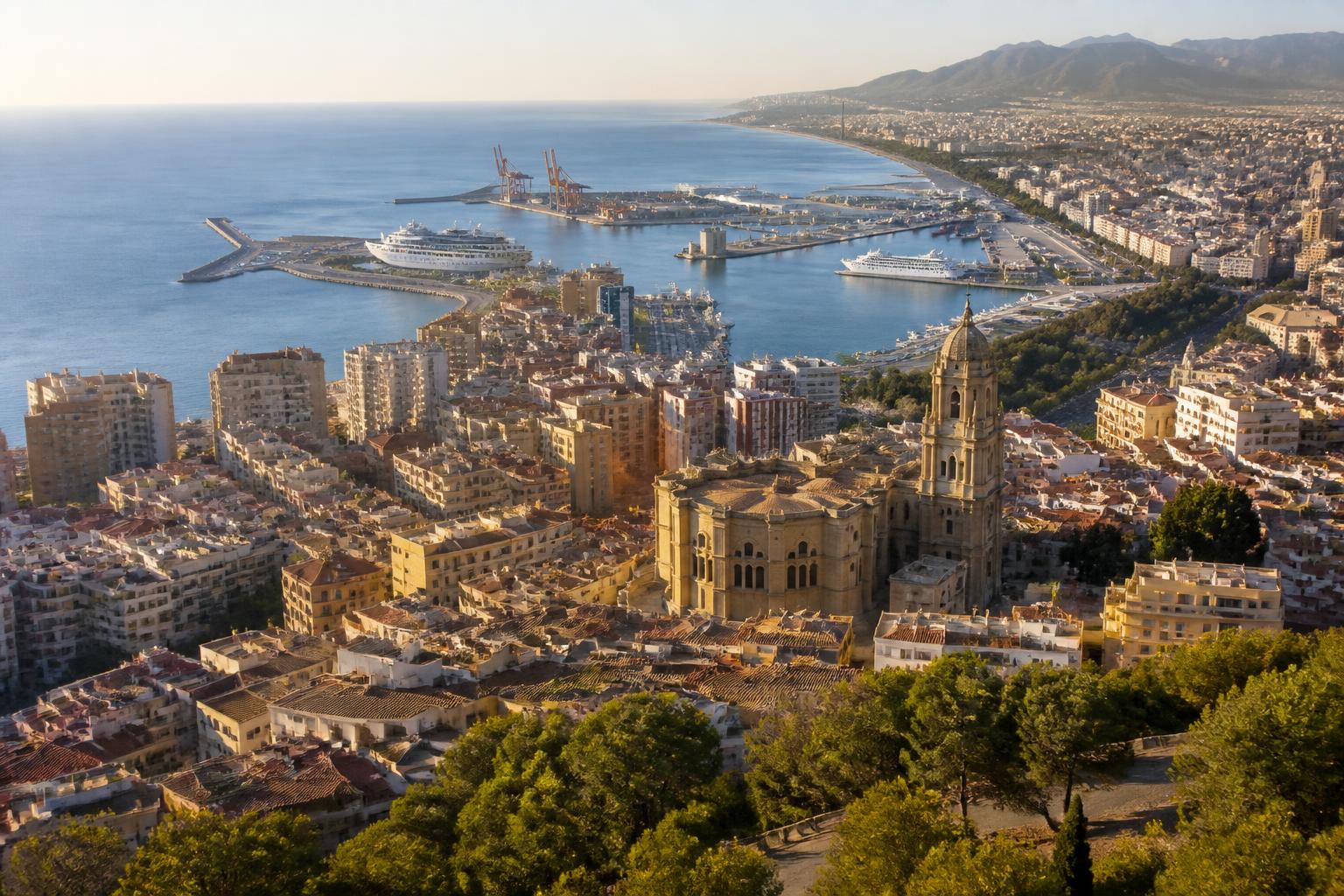 Málaga city centre and Mediterranean coastline in Andalucía