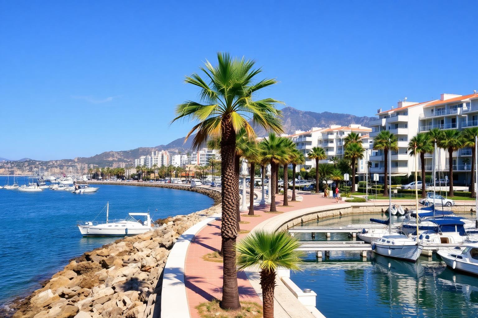 Estepona seafront promenade, marina and apartment buildings on the Costa del Sol