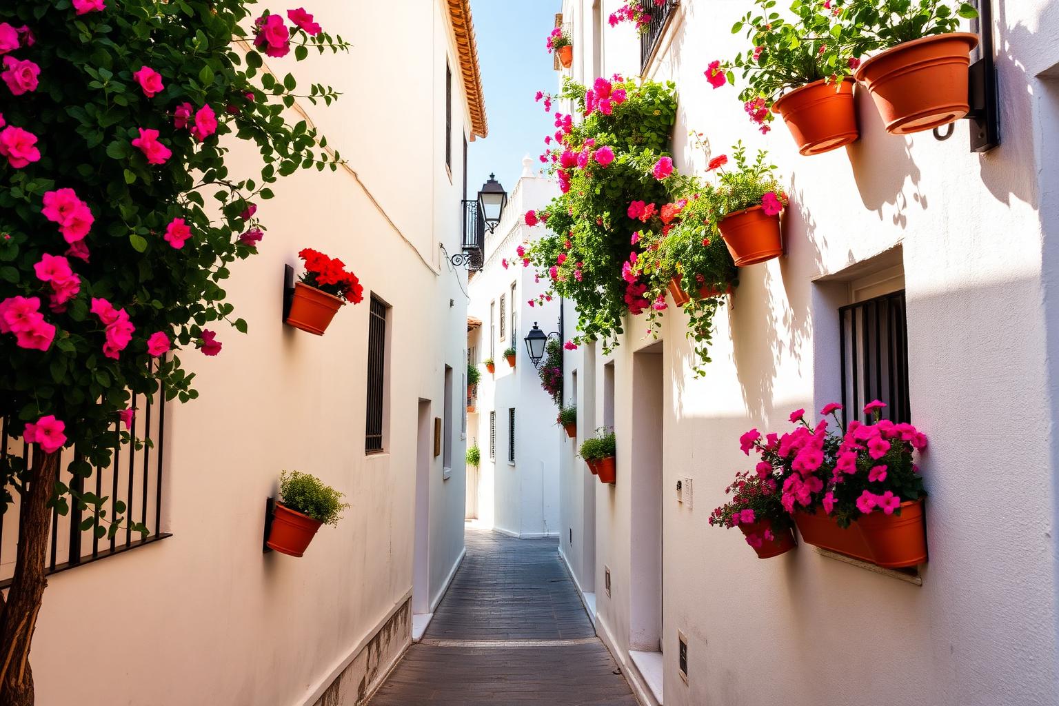 Flower-lined street in Estepona old town, Andalucía, Spain