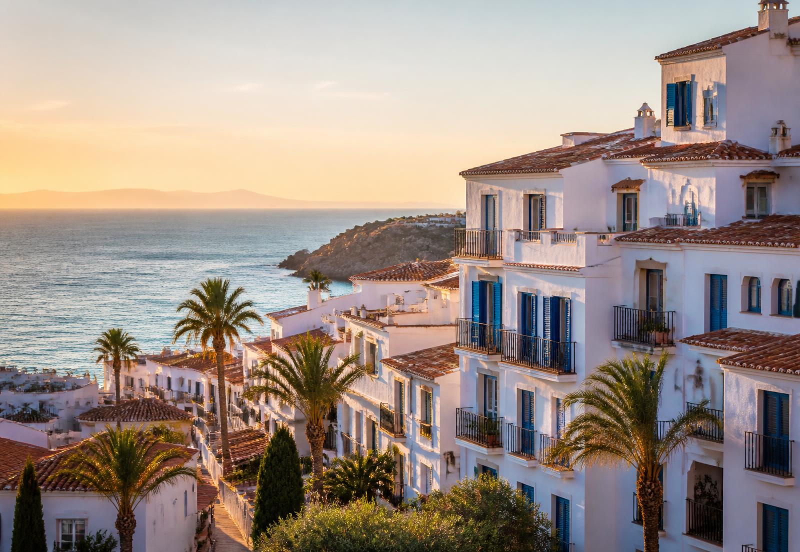 Whitewashed Mediterranean apartment buildings overlooking the sea on the Costa del Sol