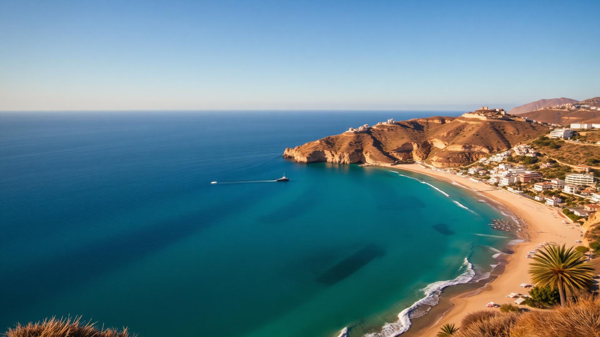 Turquoise bay and whitewashed hillside villages on the Costa del Sol