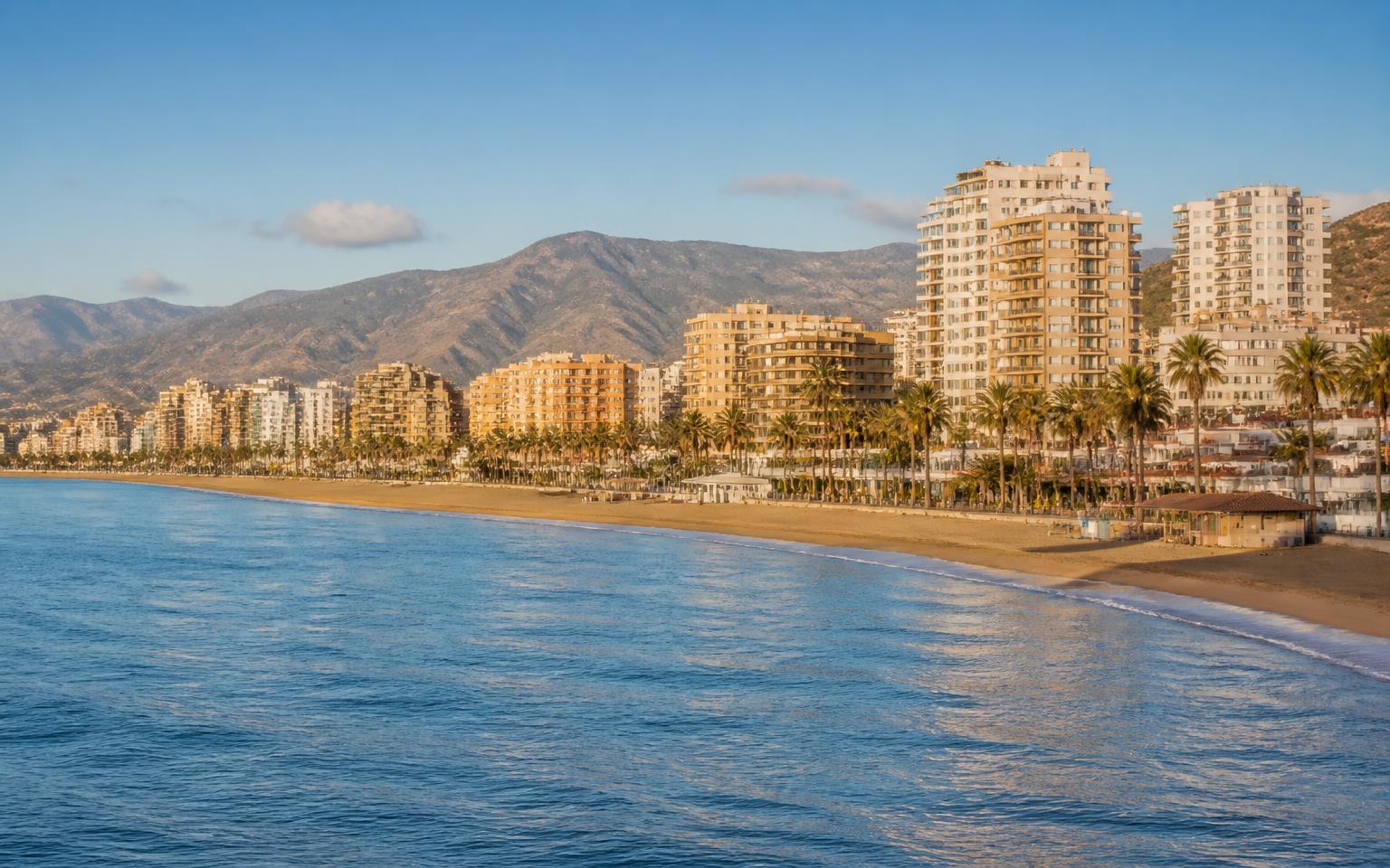 Torremolinos beachfront and residential skyline on the Costa del Sol
